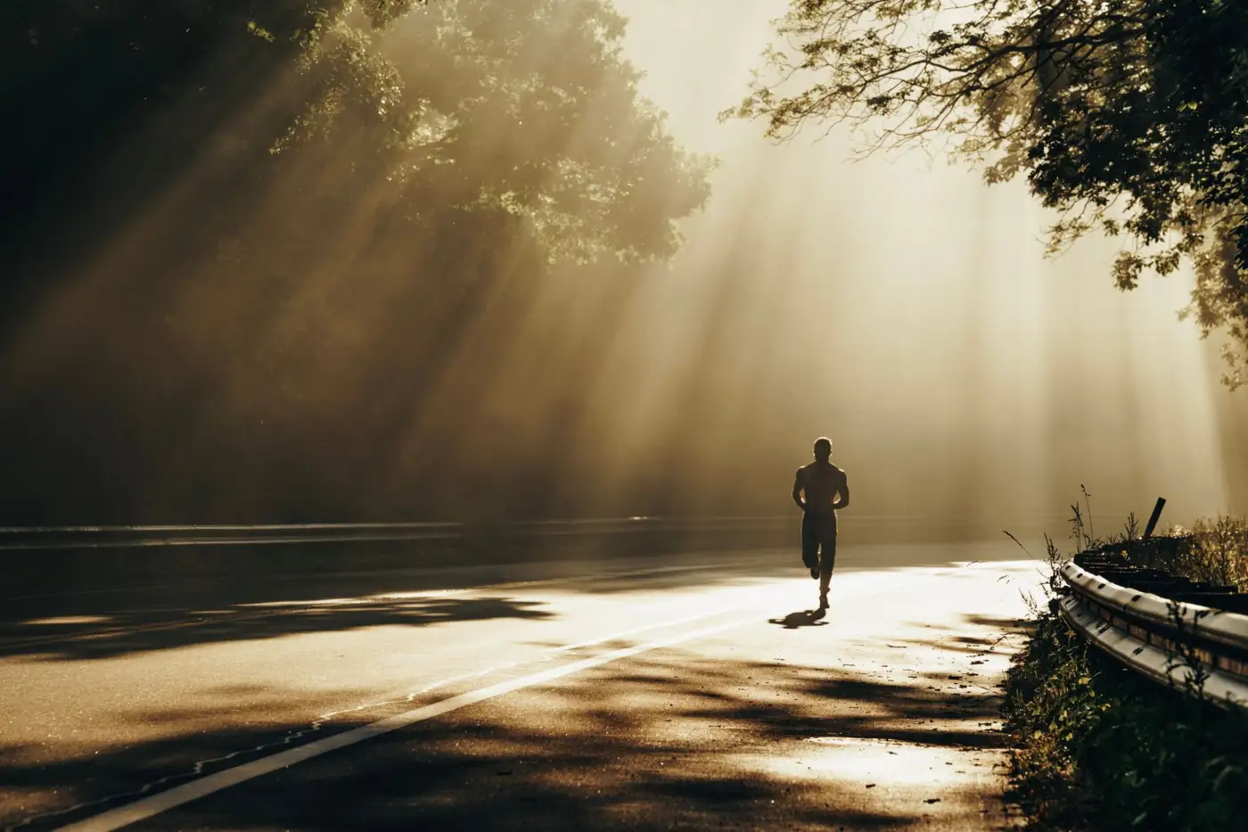 Un coureur seul sur une route forestière traversée par les rayons du soleil, vu de dos et à contre-jour